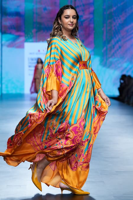 Shop Swati Vijaivargie Blue Bemberg Modal Satin Printed Abstract Paisley V Neck Pleated Kaftan Online at Aza Fashions Shop_Swati Vijaivargie_Blue Bemberg Modal Satin Printed Abstract Paisley V Neck Pleated Kaftan _Online_at_Aza_Fashions