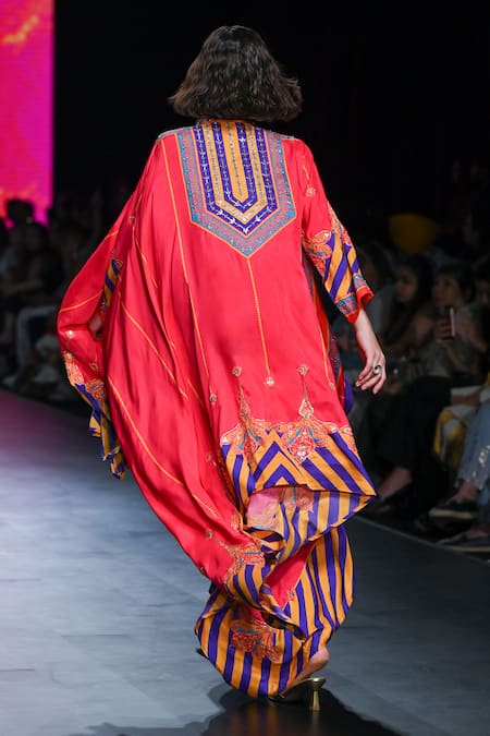 Shop_Swati Vijaivargie_Multi Color Cape Silk Band Collar Asymmetric Top And Dhoti Pant Set  _at_Aza_Fashions