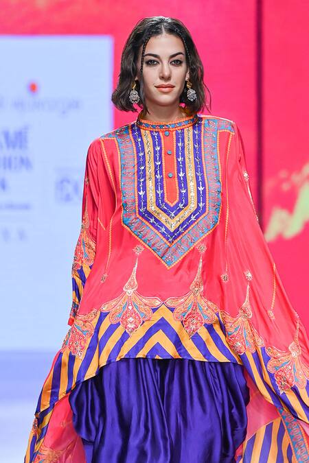 Swati Vijaivargie_Multi Color Cape Silk Band Collar Asymmetric Top And Dhoti Pant Set  _Online_at_Aza_Fashions