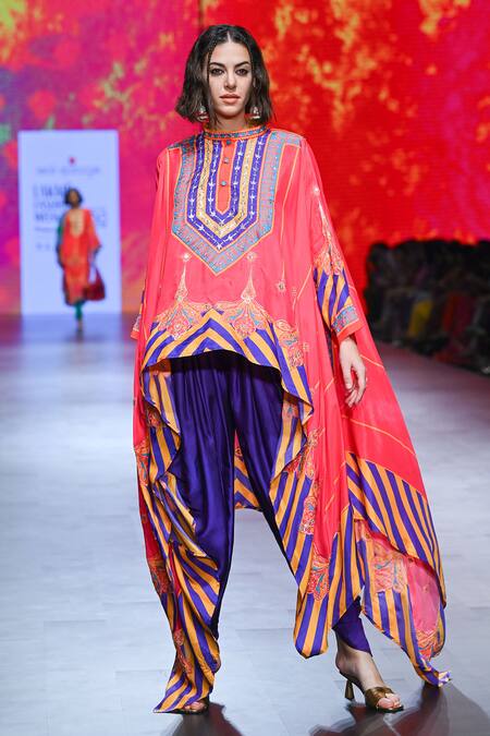 Buy_Swati Vijaivargie_Multi Color Cape Silk Band Collar Asymmetric Top And Dhoti Pant Set  _Online_at_Aza_Fashions