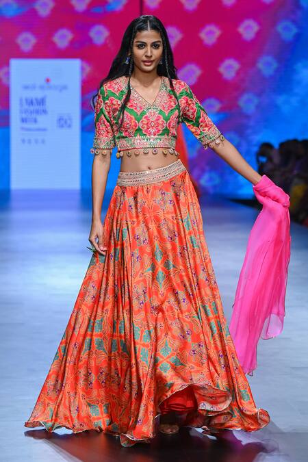 Swati Vijaivargie Multi Color Blouse And Skirt Bemberg Modal Satin Embroidered V Flared Lehenga Set  3