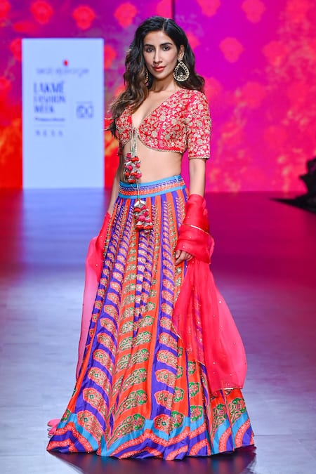 Swati Vijaivargie_Multi Color Blouse And Skirt Bemberg Modal Panelled Bridal Lehenga Set  _Online_at_Aza_Fashions
