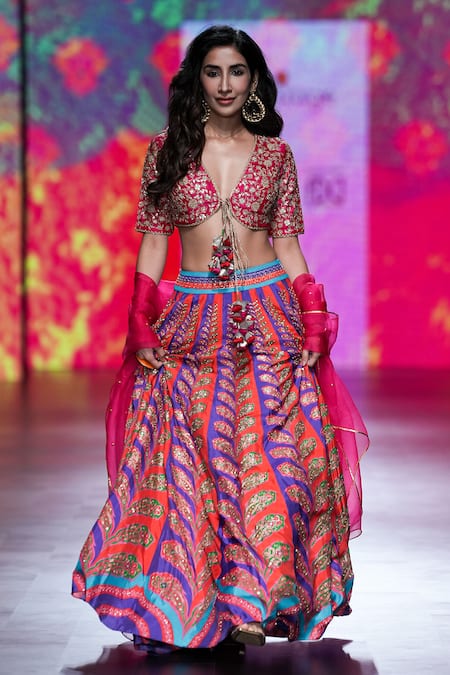 Buy Swati Vijaivargie Multi Color Blouse And Skirt Bemberg Modal Panelled Bridal Lehenga Set Online at Aza Fashions Buy_Swati Vijaivargie_Multi Color Blouse And Skirt Bemberg Modal Panelled Bridal Lehenga Set _Online_at_Aza_Fashions