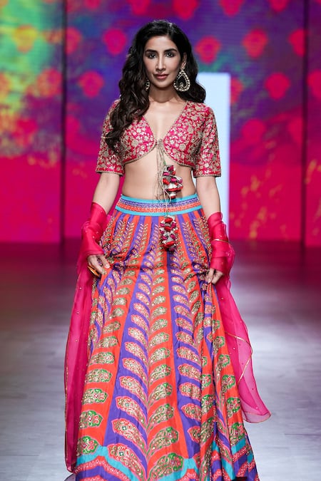 Shop Swati Vijaivargie Multi Color Blouse And Skirt Bemberg Modal Panelled Bridal Lehenga Set Online at Aza Fashions Shop_Swati Vijaivargie_Multi Color Blouse And Skirt Bemberg Modal Panelled Bridal Lehenga Set _Online_at_Aza_Fashions