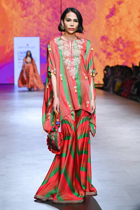 Swati Vijaivargie_Multi Color Satin, Bamboo Embroidery, Floral Asymmetric Top And Sharara Set _Online_at_Aza_Fashions