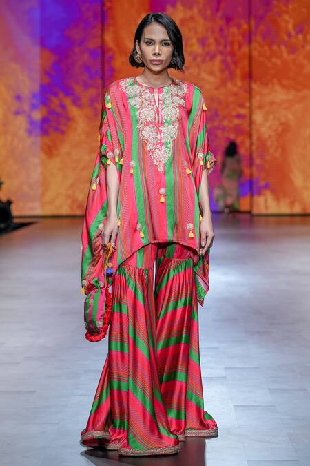 Shop Swati Vijaivargie Multi Color Satin, Bamboo Embroidery, Floral Asymmetric Top And Sharara Set Online at Aza Fashions Shop_Swati Vijaivargie_Multi Color Satin, Bamboo Embroidery, Floral Asymmetric Top And Sharara Set _Online_at_Aza_Fashions