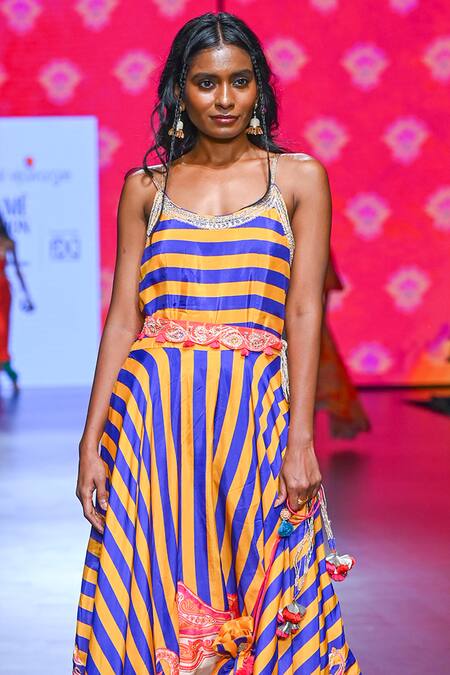 Buy Swati Vijaivargie Multi Color Silk Printed Scoop Geometric Maxi Dress Online at Aza Fashions Buy_Swati Vijaivargie_Multi Color Silk Printed Scoop Geometric Maxi Dress _Online_at_Aza_Fashions