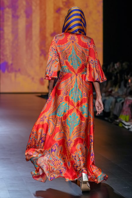 Shop_Swati Vijaivargie_Multi Color Satin, Modal Embroidery V-neck Draped Saree With Jacket _at_Aza_Fashions