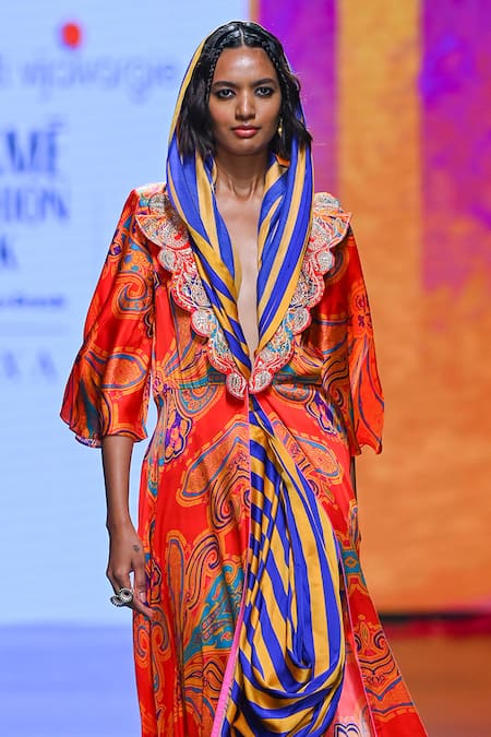 Swati Vijaivargie_Multi Color Satin, Modal Embroidery V-neck Draped Saree With Jacket _Online_at_Aza_Fashions