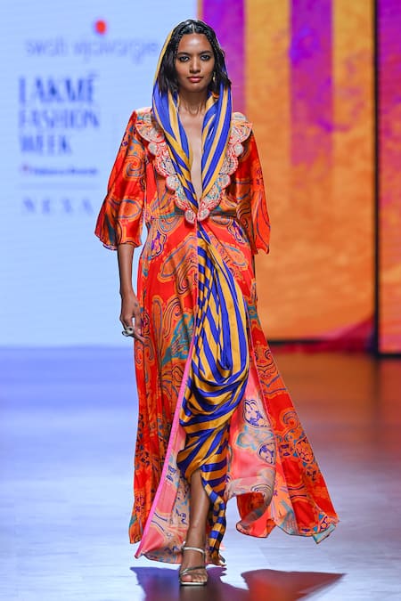 Buy_Swati Vijaivargie_Multi Color Satin, Modal Embroidery V-neck Draped Saree With Jacket _Online_at_Aza_Fashions