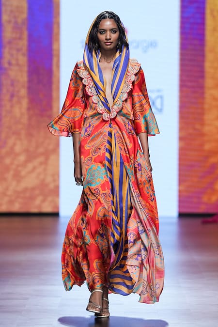 Shop_Swati Vijaivargie_Multi Color Satin, Modal Embroidery V-neck Draped Saree With Jacket _Online_at_Aza_Fashions