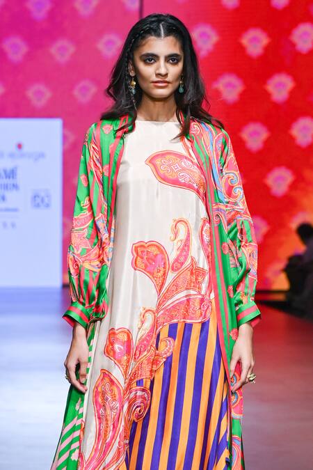 Swati Vijaivargie Multi Color Silk, Bamboo Sequins, Zari Boat Vintage Print Jacket And Dress Set Online at Aza Fashions Swati Vijaivargie_Multi Color Silk, Bamboo Sequins, Zari Boat Vintage Print Jacket And Dress Set _Online_at_Aza_Fashions