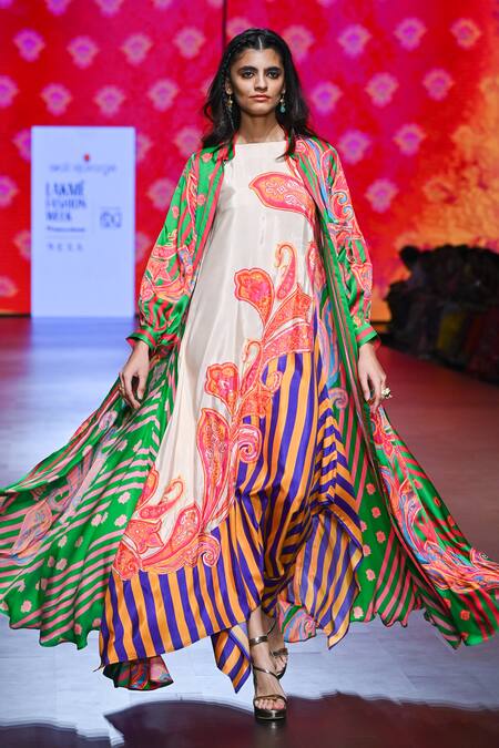 Buy_Swati Vijaivargie_Multi Color Silk, Bamboo Sequins, Zari Boat Vintage Print Jacket And Dress Set _Online_at_Aza_Fashions