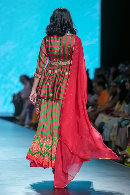 Shop_Swati Vijaivargie_Emerald Green Bamboo, Silk Organza Fringe, Chevron Print Lehenga Kurta Set _at_Aza_Fashions