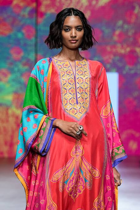 Shop_Swati Vijaivargie_Orange Silk Beads, Sequins, Gota Patti, Zari Jhumki Vintage Print Kurta Set _Online_at_Aza_Fashions