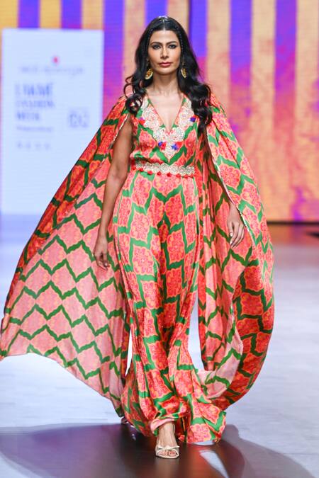 Swati Vijaivargie_Emerald Green Bemberg Modal Satin Printed And Cowl Flared Jumpsuit  _Online_at_Aza_Fashions