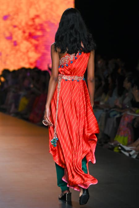 Shop_Swati Vijaivargie_Orange Kaftan Bemberg Modal Satin Printed And Embroidered Stripe & Pant Set _at_Aza_Fashions