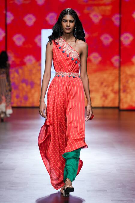 Buy_Swati Vijaivargie_Orange Kaftan Bemberg Modal Satin Printed And Embroidered Stripe & Pant Set _Online_at_Aza_Fashions