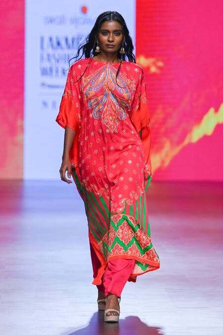 Swati Vijaivargie_Orange Kaftan Bemberg Modal Satin Printed And Embroidered Vintage & Pant Set _Online_at_Aza_Fashions