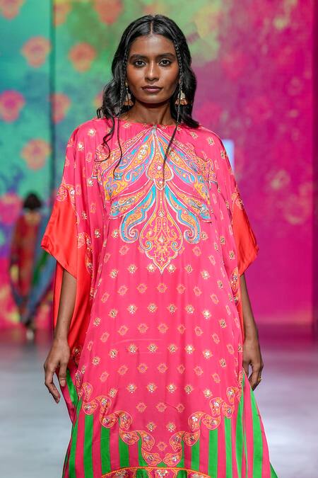 Shop_Swati Vijaivargie_Orange Kaftan Bemberg Modal Satin Printed And Embroidered Vintage & Pant Set _Online_at_Aza_Fashions