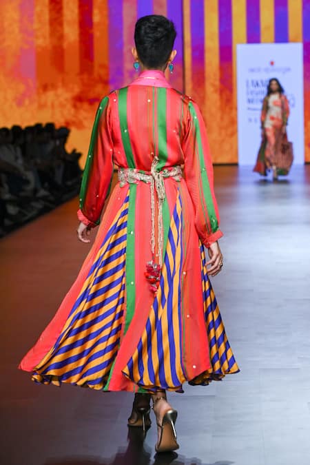 Swati Vijaivargie Multi Color Stripe Print Jacket Dress Set 