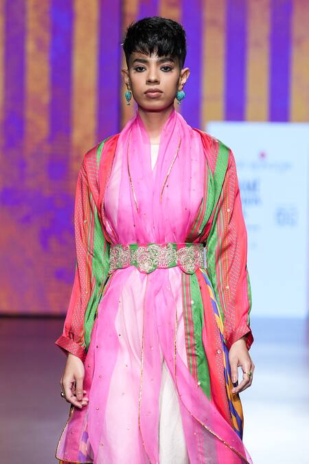 Buy_Swati Vijaivargie_Multi Color Jacket Bemberg Modal Satin Printed And Embroidered Stripe Dress Set _Online_at_Aza_Fashions