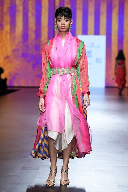 Shop_Swati Vijaivargie_Multi Color Jacket Bemberg Modal Satin Printed And Embroidered Stripe Dress Set _Online_at_Aza_Fashions