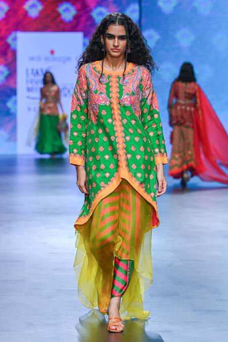 Buy_Swati Vijaivargie_Emerald Green Organza, Gota Karishma Printed Jacket Dhoti Pant Set _Online_at_Aza_Fashions