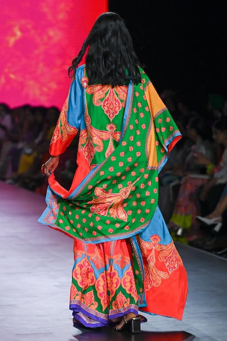 Shop_Swati Vijaivargie_Multi Color Silk Zari, Sequins Bandeau Laila Vintage Print Kurta Sharara Set _at_Aza_Fashions