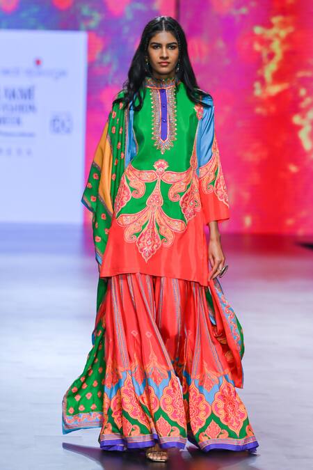 Swati Vijaivargie_Multi Color Silk Zari, Sequins Bandeau Laila Vintage Print Kurta Sharara Set _Online_at_Aza_Fashions