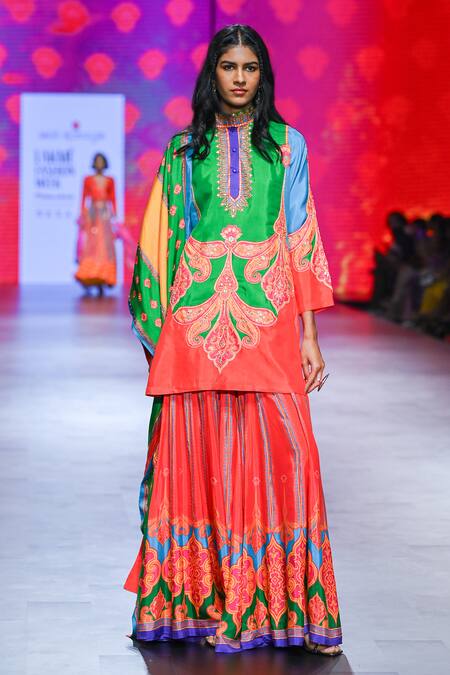 Buy_Swati Vijaivargie_Multi Color Silk Zari, Sequins Bandeau Laila Vintage Print Kurta Sharara Set _Online_at_Aza_Fashions