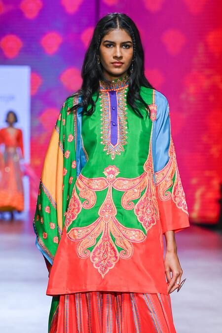 Shop_Swati Vijaivargie_Multi Color Silk Zari, Sequins Bandeau Laila Vintage Print Kurta Sharara Set _Online_at_Aza_Fashions