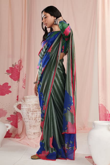 Negra Elegante_Green Organza, Crepe Floral Stripe Print Saree With Unstitched Blouse Piece _Online_at_Aza_Fashions