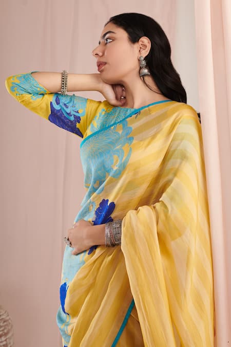 Buy Negra Elegante Yellow Organza, Crepe Floral Print Saree With Unstitched Blouse Piece Online at Aza Fashions Buy_Negra Elegante_Yellow Organza, Crepe Floral Print Saree With Unstitched Blouse Piece _Online_at_Aza_Fashions