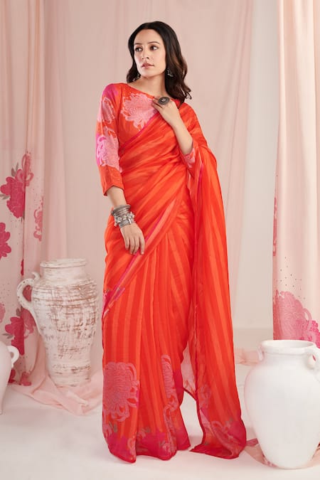 Negra Elegante Red Organza Printed Floral Stripe Saree With Unstitched Blouse Piece 