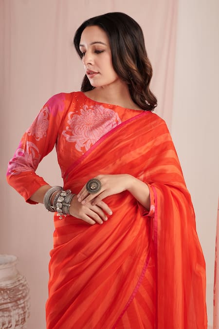 Negra Elegante_Red Organza, Crepe Embroidery Stripe Print Saree With Unstitched Blouse Piece _Online_at_Aza_Fashions