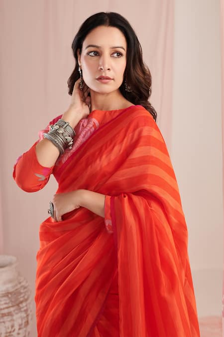 Buy_Negra Elegante_Red Organza, Crepe Embroidery Stripe Print Saree With Unstitched Blouse Piece _Online_at_Aza_Fashions
