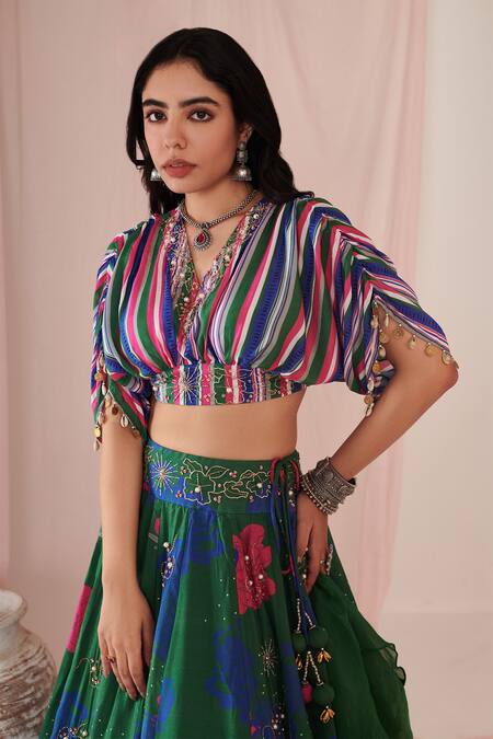 Buy_Negra Elegante_Green Silk, Organza Embroidery V-neck Blossom Print Lehenga Set _Online_at_Aza_Fashions