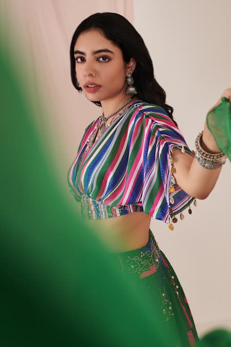 Shop_Negra Elegante_Green Silk, Organza Embroidery V-neck Blossom Print Lehenga Set _Online_at_Aza_Fashions