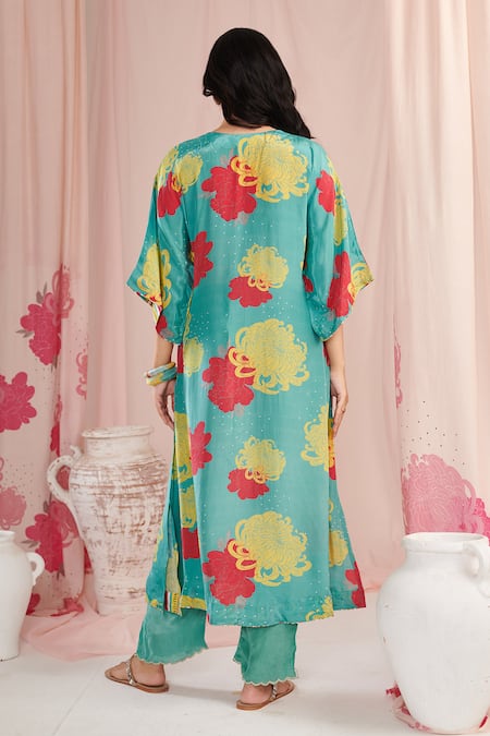 Shop Negra Elegante Blue Crepe Pearls V-neck Blossom Print Kaftan With Pant at Aza Fashions Shop_Negra Elegante_Blue Crepe Pearls V-neck Blossom Print Kaftan With Pant _at_Aza_Fashions