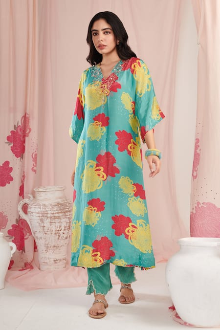 Buy Negra Elegante Blue Crepe Pearls V-neck Blossom Print Kaftan With Pant Online at Aza Fashions Buy_Negra Elegante_Blue Crepe Pearls V-neck Blossom Print Kaftan With Pant _Online_at_Aza_Fashions