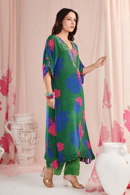 Negra Elegante_Green Crepe Pearls V-neck Floral Print Kaftan With Pant _Online_at_Aza_Fashions
