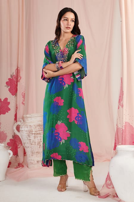 Buy_Negra Elegante_Green Crepe Pearls V-neck Floral Print Kaftan With Pant _Online_at_Aza_Fashions