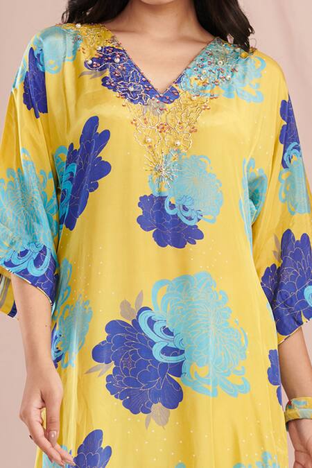 Negra Elegante Yellow Crepe Pearls V-neck Floral Blossom Print Kaftan With Pant Online at Aza Fashions Negra Elegante_Yellow Crepe Pearls V-neck Floral Blossom Print Kaftan With Pant _Online_at_Aza_Fashions