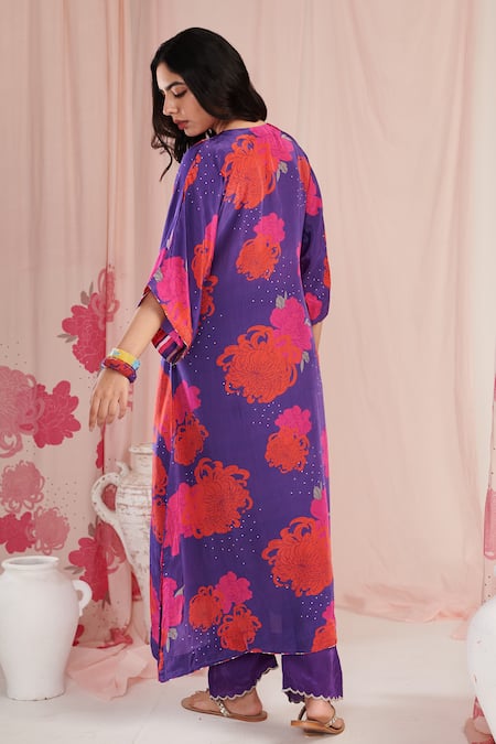 Buy Negra Elegante Purple Crepe Pearls V-neck Chrysanthemum Printed Kaftan And Pant Set Online at Aza Fashions Buy_Negra Elegante_Purple Crepe Pearls V-neck Chrysanthemum Printed Kaftan And Pant Set _Online_at_Aza_Fashions