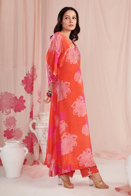 Negra Elegante_Red Crepe Pearls V-neck Chrysanthemum Blossom Print Kaftan With Pant _Online_at_Aza_Fashions
