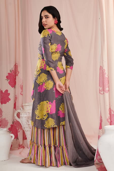 Shop Negra Elegante Grey Cotton, Organza, Silk Pearls, Floral Print Peplum Kurta Sharara Set at Aza Fashions Shop_Negra Elegante_Grey Cotton, Organza, Silk Pearls, Floral Print Peplum Kurta Sharara Set _at_Aza_Fashions