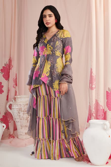 Negra Elegante Grey Cotton, Organza, Silk Pearls, Floral Print Peplum Kurta Sharara Set Online at Aza Fashions Negra Elegante_Grey Cotton, Organza, Silk Pearls, Floral Print Peplum Kurta Sharara Set _Online_at_Aza_Fashions