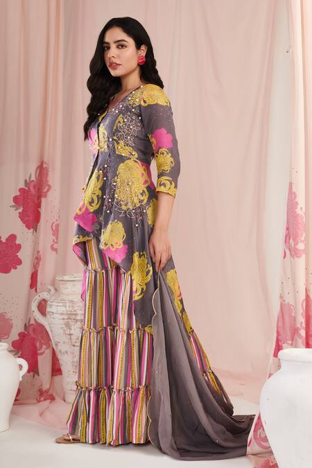 Shop Negra Elegante Grey Cotton, Organza, Silk Pearls, Floral Print Peplum Kurta Sharara Set Online at Aza Fashions Shop_Negra Elegante_Grey Cotton, Organza, Silk Pearls, Floral Print Peplum Kurta Sharara Set _Online_at_Aza_Fashions