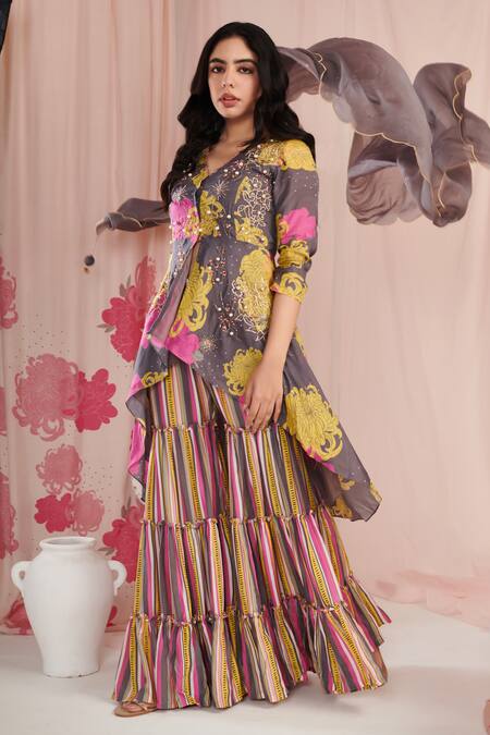 Buy Negra Elegante Grey Cotton, Organza, Silk Pearls, Floral Print Peplum Kurta Sharara Set Buy_Negra Elegante_Grey Cotton, Organza, Silk Pearls, Floral Print Peplum Kurta Sharara Set